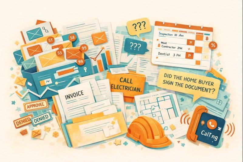 Construction project chaos - emails, spreadsheets, phone calls, and documents scattered everywhere