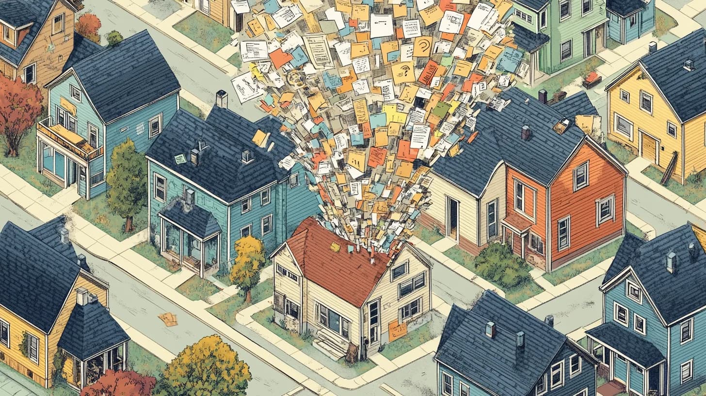 Illustrated neighborhood with a home builder's paperwork erupting from a house - permits, notes, and documents scattered into chaos